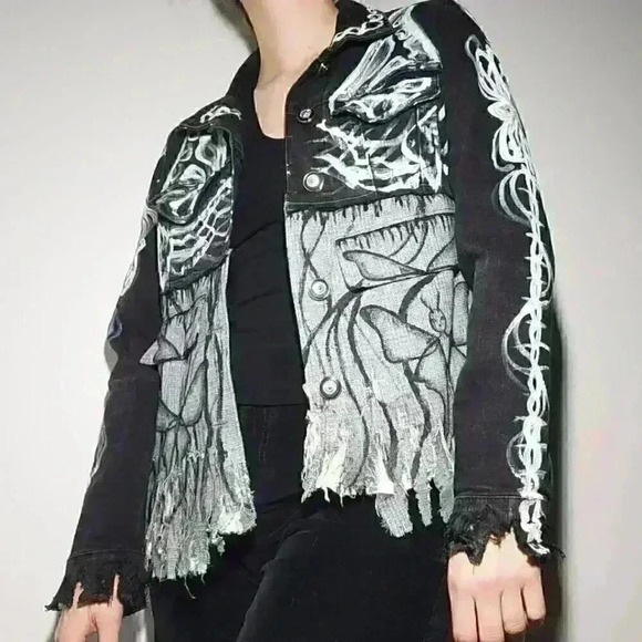 One-of-a-kind handmade  grunge / punk shredded butterfly painted denim jacket - Picture 1 of 16